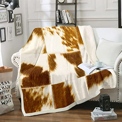 Coperta in pile con stampa di mucca, coperta Sherpa in pelle bovina marrone, coperta con stampa in pelliccia di mucca, coperta queen size geometrica bufalo patchwork coperta per divano, coperta in
