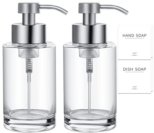 Foaming Soap Dispenser Set, 12 Oz Glass Hand Soap Dispenser with 304 Rust Proof Stainless Steel Pump, Waterproof Labels, for Bathroom Decor Kitchen College Dorm, Clear Silver Pump 2 Pack