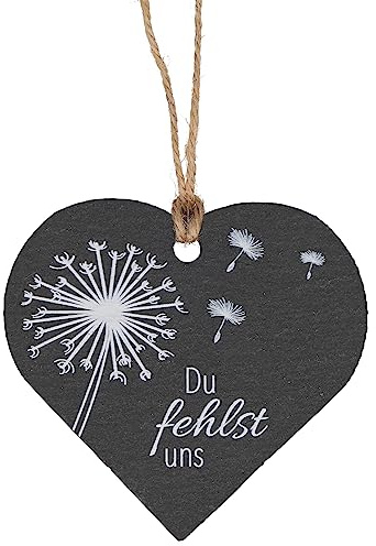 Butzon & Bercker Schieferanhänger - Gedenkstein Grabschmuck Herzanhänger | Edles Gedenkherz mit Gravur Du Fehlst Uns & Pusteblume, wetterfester Schiefer für Friedhof & Garten mit Jute-Schnur