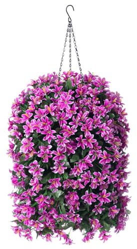 Artificial Fake Hanging Outdoor Plants Flowers with Basket, Faux Silk Realistic UV Resistant Fuchsia Floral Arrangement Planter for Outside Porch Patio Balcony Yard Home Decor