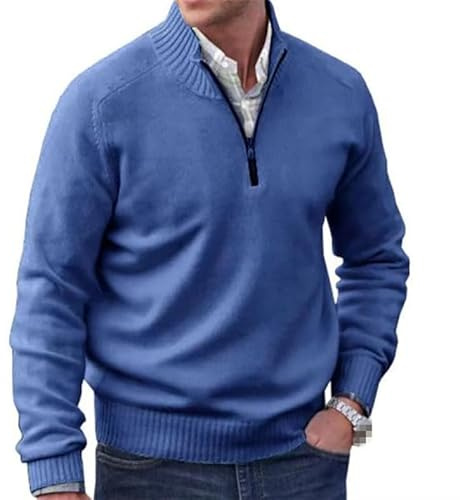 Suéter básico de cachemira con cremallera para hombre, suéter de punto casual de manga larga, suéter de punto sólido, azul, L