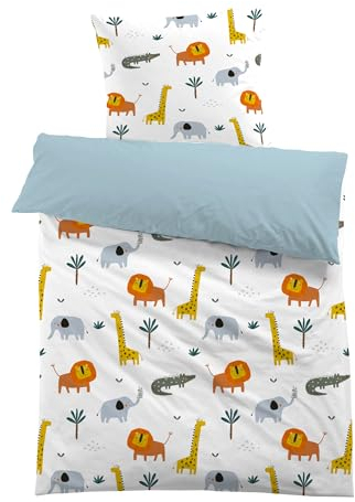 MUSOLEI Bettwäsche Kinder 135x200 Mädchen Jungen Kinderbettwäsche Tiere Löwe Wildtiere Blau 3D-Druck Mikrofaser Bettbezug und 1 Kissenbezug 80X80cm Bettwäsche-Set für Einzelbett, Tiere 01
