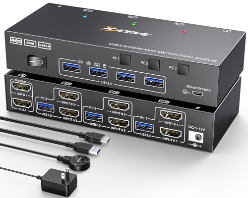 USB 3.0 KVM Switch HDMI 3 PC 2 Monitor 4K@60Hz 2K@144 Hz, Simulation EDID,MLEEDA Commutateur KVM 3 PC 2 Moniteurs avec 4 Ports USB 3.0 pour Clavier Souris, Télécommande par Câble et Câble Inclus