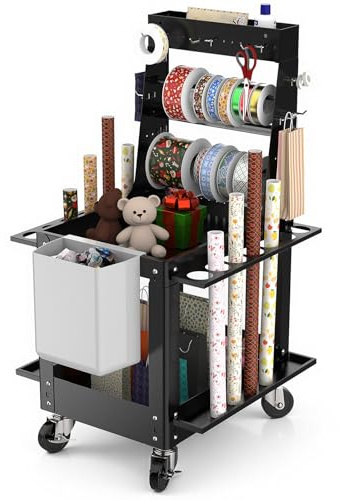 Wrapping Paper Storage Cart - Rolling Gift Wrap Station with Hooks Storage Ribbons and Gift Bags - Craft Wrapping Paper Organizer Holder with Tape Holder and Baskets for DIY Tools, Craft Supplies