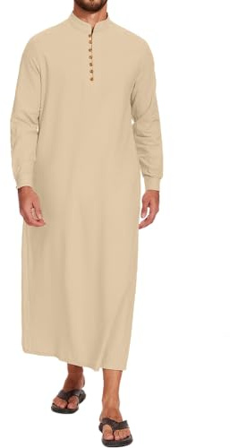 LVCBL Kaftan Herren Leinen Langarm Thobe Herren Lang Muslim Thobe Herren Robe