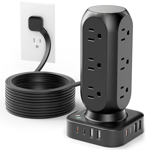 Flat Plug Power Strip Tower, TenTrend Dual PD 20W USB-C Surge Protector with 12 AC Outlets & 8 USB Ports (4 USB C), 40W Total Fast Charging Station, 10FT Extension Cord for Desk Office Dorm Room
