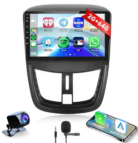 2G+64G Wireless Carplay Android 15 Autoradio für Peugeot 207 2006-2015 mit Android Auto Navi GPS WiFi 9 Zoll Autoradio mit Mirror Link Bluetooth FM/RDS Radio EQ/USB Lenkradsteuerung Rückfahrkamera