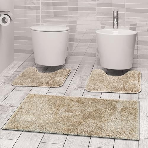 Comart - Tris Tappeti Faith Bagno - Set Tappetini: 1 Tappeto Rettangolare 45x75 cm + 2 Giro Water 45x40 cm - Morbidi e Pelosi - Asciugatura Rapida e Antiscivolo - Lavabili in Lavatrice - Beige/Marrone