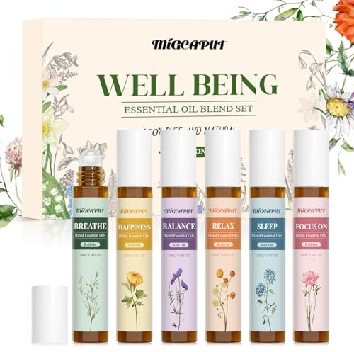 MIGCAPUT Set de Aceites Esenciales Roll-On 6 x 10ML, Regalo de Aceite Esencial de Perfume Listo para Usar, Adecuado para Uso en la Piel, Relajante, Estado de Ánimo Alegre, Ayuda a Dormir