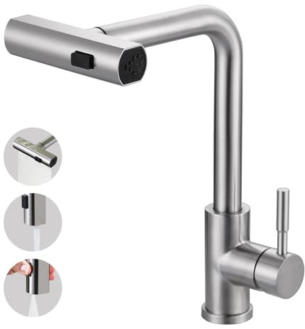 iVIGA Wasserhahn Küche, Küchenarmatur Ausziebar mit Brause, Hochdruck Wasserfall Spültischarmatur 360° Drehung Mischbatterie Armatur Küche, 3 Wasserstrahlarten, Gebürstetes Nickel