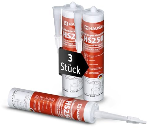 Hausa HS250 Profi Hochtemperatur Silikon schwarz 3 x 300ml Kartuschen Dichtmasse +305°C Dichtstoff zum Kleben Abdichten von Öfen Kochfeldern Motoren dauerelastisch Öl-, Benzin- & Hitzebeständig