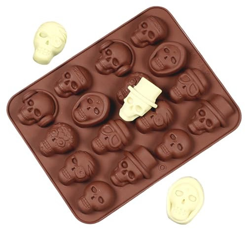 Uoqpty Totenkopf-Schokoladenform – -Halloween-Süßigkeiten-Gummiform, 16 Mulden, Totenkopf-Form, Kuchenform, Schokoladenform, antihaftbeschichtet, mit verschiedenen Formen