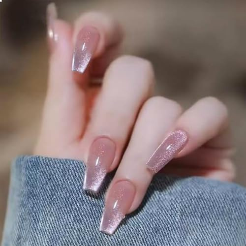 GlamRays 24 Stück Nudefarben Press on Nails Lang Coffin Falscher Nagel Mit Gradient-Design Glitzer Drucknagel Voll Abdeckung Glänzend Akrylnagel Gel-Drucknagel