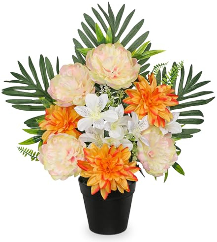 Oairse Künstliche Friedhofsblumen im Topf Grabschmuck mit künstlichen Pfingstrose und Dahlie Aufleger Kunstblume Grabdekoration für Grabdekoration Friedhofsgesteck Friedhofsdeko Trauerdeko Blüten