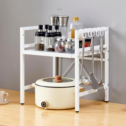 Expandable Microwave Oven Rack, Telescopic Kitchen Counter Storage Organizer with 6 Hooks, Free Standing Adjustable Spice Rack, Heavy Duty Microwave Stand Baker's Rack Pot & Pan Rack (2-Tier White)