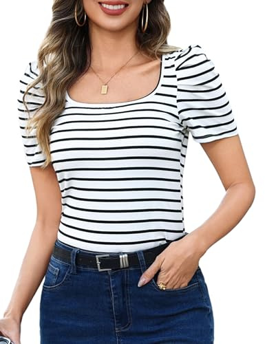 Aottori T-Shirt Damen Streifen Kurzarm Gerippt Baumwolle Enges Sommer Oberteile Casual Tops Weiß L