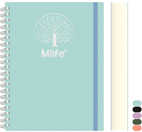 Mlife Notizbuch A4 Liniert, 300Seiten Spiralnotizbuch,PVC-Hardcover mit Lebensbaum-Aufdruck,100g/M² Tintenfestes Papier,Erweiterbare Taschen,Elastische Bänd,für Frauen, Männer,21 * 28cm -Blau