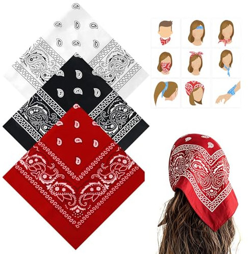 AzureRay Paquete de 3 Bandanas,Bandana Mujer Multifuncional, Pañuelo Vaquero para Hombres y Mujeres, Accesorio para Motociclistas, 55 x 55 cm, Roja/Negra/Blanca