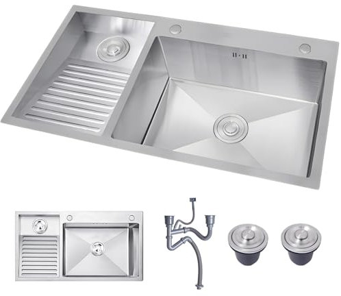 JETXYHUB Lavabo double en acier inoxydable 100 x 48 cm avec planche à laver et kit d'écoulement, vêtements faciles à nettoyer, pour le balcon, grande capacité, pour la buanderie