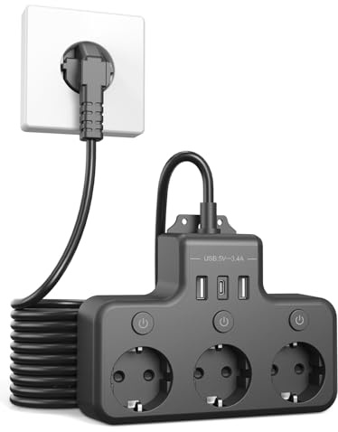Vipwell Steckdosenleiste Wandmontage mit USB - 1 USB C und 2 USB A Anschlüsse, Steckdosenleiste Einzeln Schaltbar, Verlängerungskabel 2m Mehrfachstecker Ideal für Programmierer Designer