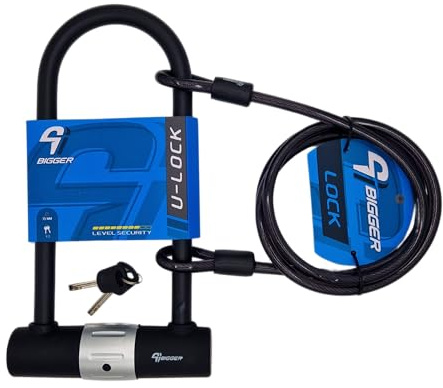 BIGGER Candado U-Lock para Bicicletas, 320 mm x 180mm, 16mm Diámetro, + Cable de Acero 1800mm, Negro (Con Cable de Acero)