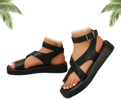 HESYSUAN Kvinnors äkta läder plattform romerska sandaler, bredd ankelrem gladiatorsandaler fyrkantig tå lätt strand tjock sandal, Svart, 2.5 UK Wide