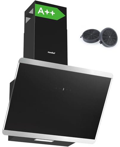 COMFEE' 60cm Angled Cooker Hood Class A++ Tempered Glass Extractor Hood with Touch Screen, LED and Recirculating & Ducting System Wall Mounted Extractor Fan kitchen, Black