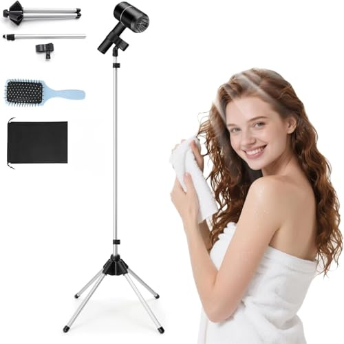 Hands Free Blow Hair Dryer Holder Stand - Adjustable Hair Dryer Stand Holder with 29-59 Inch, 180° Rotation & Universal Clip for Hands-Free Blow Drying in Bathroom, Vanity, Salon & Makeup Room