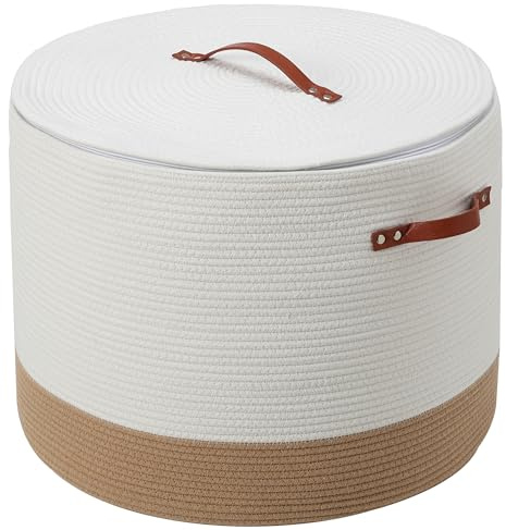 Extra Large Cotton Rope Storage Basket with Lid and Zipper, Versatile Laundry Hamper and Cloth Bin for Clothes, Towels, Blankets, Living Room Organization (White/Camel Bottom, 20x15)