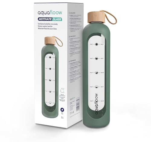 Aquafloow 1l Trinkflasche Glas mit Zeitmarkierung BPA frei, Flasche mit Bambus deckel, Wasserflasche mit Silikonhülle, auslaufsicher – ideal für Arbeit, Sport & Reisen- Grün