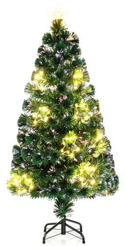 COSTWAY Künstlicher Weihnachtsbaum mit Beleuchtung, 120 cm Tannenbaum aus Glasfaser mit 18 warmweißen LED-Lichtern & 130 Zweigspitzen, Christbaum Kunstbaum beleuchtet mit Sternspitze für Zuhause Büro
