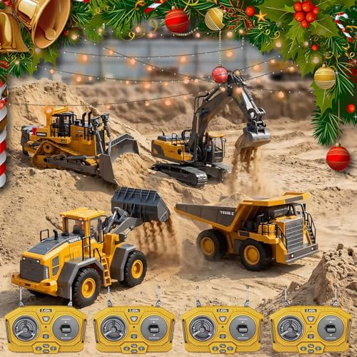 Mudsterz Construction Rc Set of 4, Command The Site, Conquer The Dirt, Rechargeable 2.4ghz Remote Control Construction Vehicles with Cool LED Lights, Metal Parts, Real Sounds(4-Piece Set)