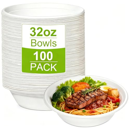 100 Pack Paper Disposable Bowls 32oz White Rigid Biodegradable Large Dishes | Eco-Friendly, Sugarcane Rigid White Bowls Biodegradable Soup Microwavable Compostable Bowl for Party BBQ Picnic