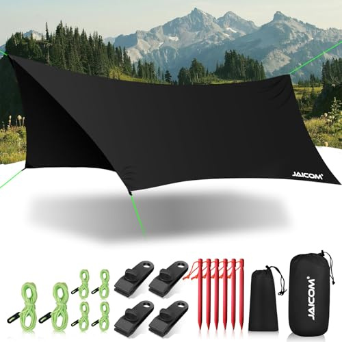 JAICOM Tarp Campeggio Impermeabile, Telo per Tenda Accessori Campeggio - Antivento e Resistente ai raggi UV, con Corde del Vento, Picchetti in Alluminio, Tarp Clips, per uso Esterno e in Spiaggia