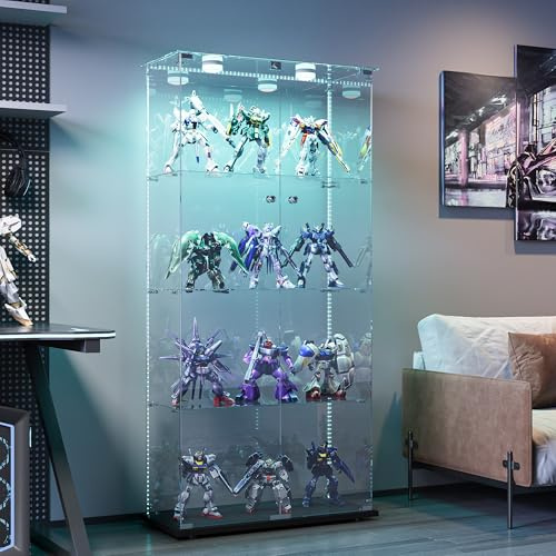 BPKADHY glasvitrinskåp med LED-belysning, vitrinskåp i glas med 2 dörrar 4 våningar samlarvitrinskåp för samlarobjekt, böcker, modeller, vin (2 dörrar, 4 våningar LED-A, svart)