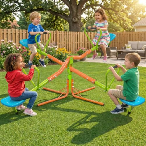 Hmluxury Außen-Spielplatz-Wippe mit Vier Sitzplätzen für Kinder - 360-Grad-drehbare und robuste Kunststoffwippe für Kinder ab 3 Jahren