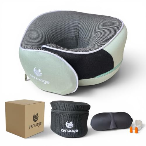Zenuage Luxury Memory Foam Travel Neck Pillow, 100% Cotton Jersey, 360° Support, with Mesh Travel Case, Flight Cushion, Eye mask and Ear Plugs, Essentials for flying, Adjustable Size, UK Brand (Sage)
