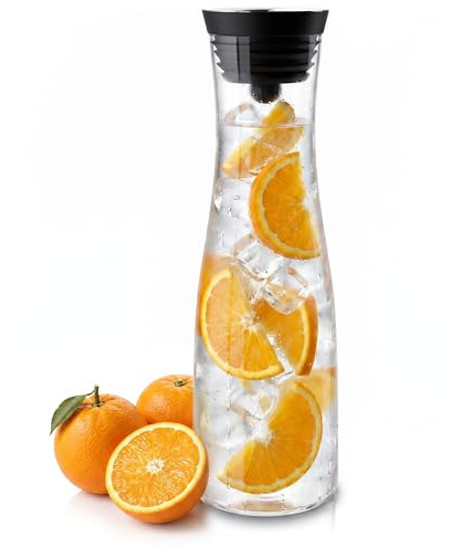 Arendo - Wasserkaraffe mit Deckel 1700 ml, Glaskaraffe mit Deckel und integriertem Grobfilter aus Edelstahl, Karaffe aus Borosilikatglas 1,7 L, Temperaturbereich –20 °C bis +150 °C