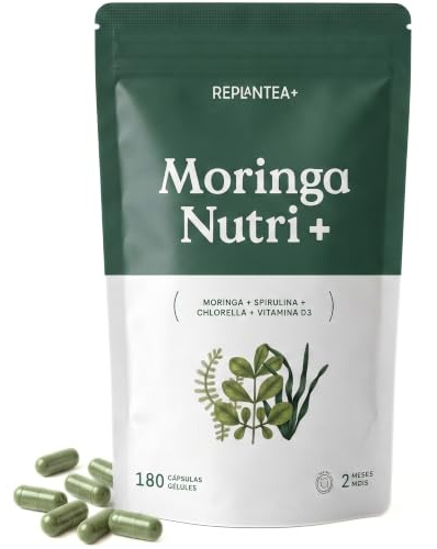 REPLANTEA+ Moringa Nutri+ avec Moringa, Spiruline, Chlorella et Vitamine D3 | Super-aliments Verts BIO | Vitamine D pour le Système Immunitaire | 180 Gélules Véganes · 2 Mois