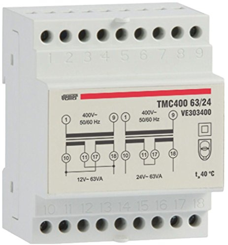 VEMER VE303400 TMC 400 63/24 - Transformateur 24V pour Service Continu, Tension Primaire 400V, Tension Secondaire 12-24V, Puissance 63VA, Installation sur Rail Din, Blanc