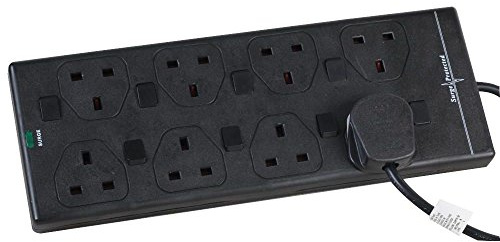 Ex-Pro 8 Gang Way 10m Metre 13A Mains Surge Protected Individually Switched Power Extension Socket Lead Cable Black