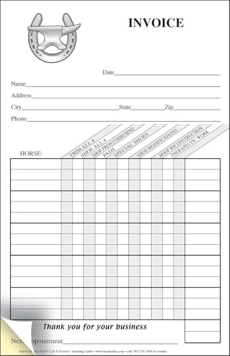 HoofPrints Shoe and Anvil Itemized Two-Part Carbonless Invoice Pad - 50 Sets of White and Yellow Copies - 5.5 x 9 - Made in USA