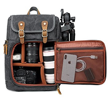 YuanWen DSLR Camera Canvas Backpack Large Capacity Front Open Waterproof Anti-shock SLR/DSLR Camera Rucksack Camera Travel Bag Professional Camera Bag Gray