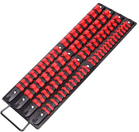 CASOMAN 80-Piece Portable Socket Organizer Tray, 1/4-Inch, 3/8-Inch, 1/2-Inch Tool Trays, Heavy Duty Socket Organizers Rack, Black Rails with Red Socket Holders