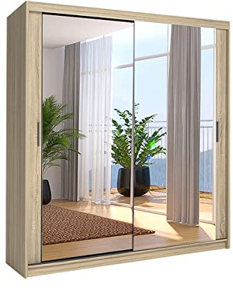 SLIDING WARDROBE 4U OAK STYLISH DOUBLE MIRROR SLIDING DOOR WARDROBE WITH LED LIGHT (Width: 203cm)