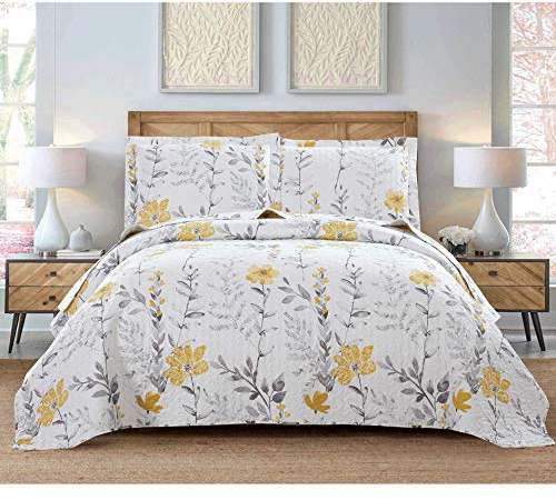 Green Essen 3 Pcs King Size Yellow White Flower Bedding Quilts Lightweight Summer Bedspread Floral Daybed Cover Vintage Plant Garden Coverlet Blanket 106x96 Quilt with 2 King Pillow Shams
