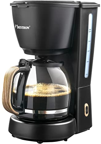 Bestron Filter-Kaffeemaschine für 10 Tassen Kaffee, inkl. 1,5 Liter Glaskanne, Permanentfilter & Warmhalteplatte, 1.000 Watt, Black & Wood-Design, Farbe: Schwarz / Holz