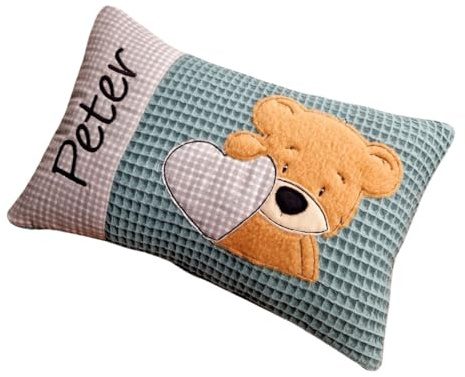 Kleines Kissen mit Name - Bär - Geburt - Taufe - petrol
