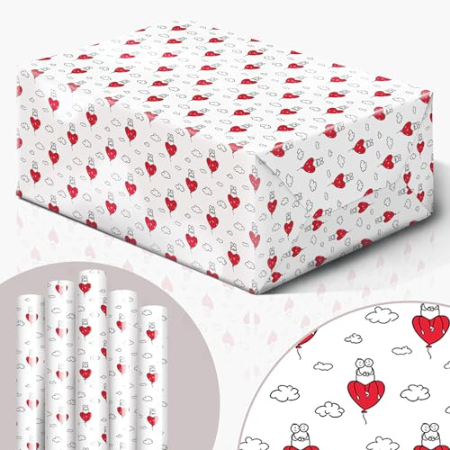 Geschenkpapier Valentinstag BALLON Ich liebe dich – edel Rolle 5x Bogen 42x119cm Verlobung Hochzeit weiss Frauen Mädchen Freundin 30x Klebepunkte Aufbewahrung