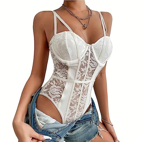 Rongseng Body Mujer Sexy Bodysuit de Encaje Floral Sheer Malla Transparente Tirantes Bodies sin Mangas Elegante Backless Jumpsuit Una Pieza Mono Leotards Ropa Moda Blusa Top para Fiesta